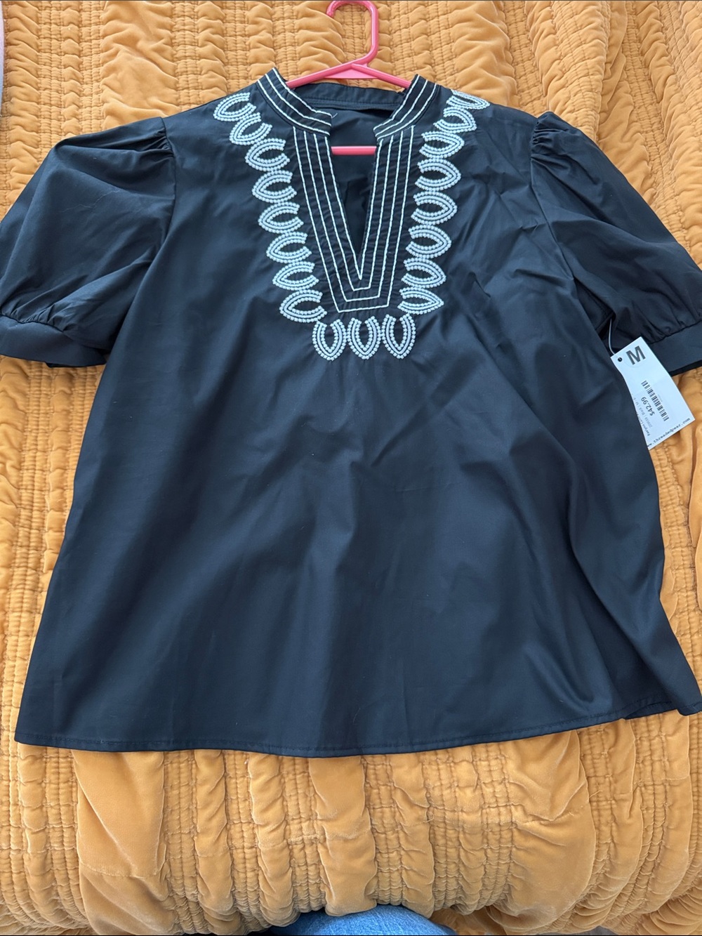 Embroidered Black Women's Top with V-Neck Detail